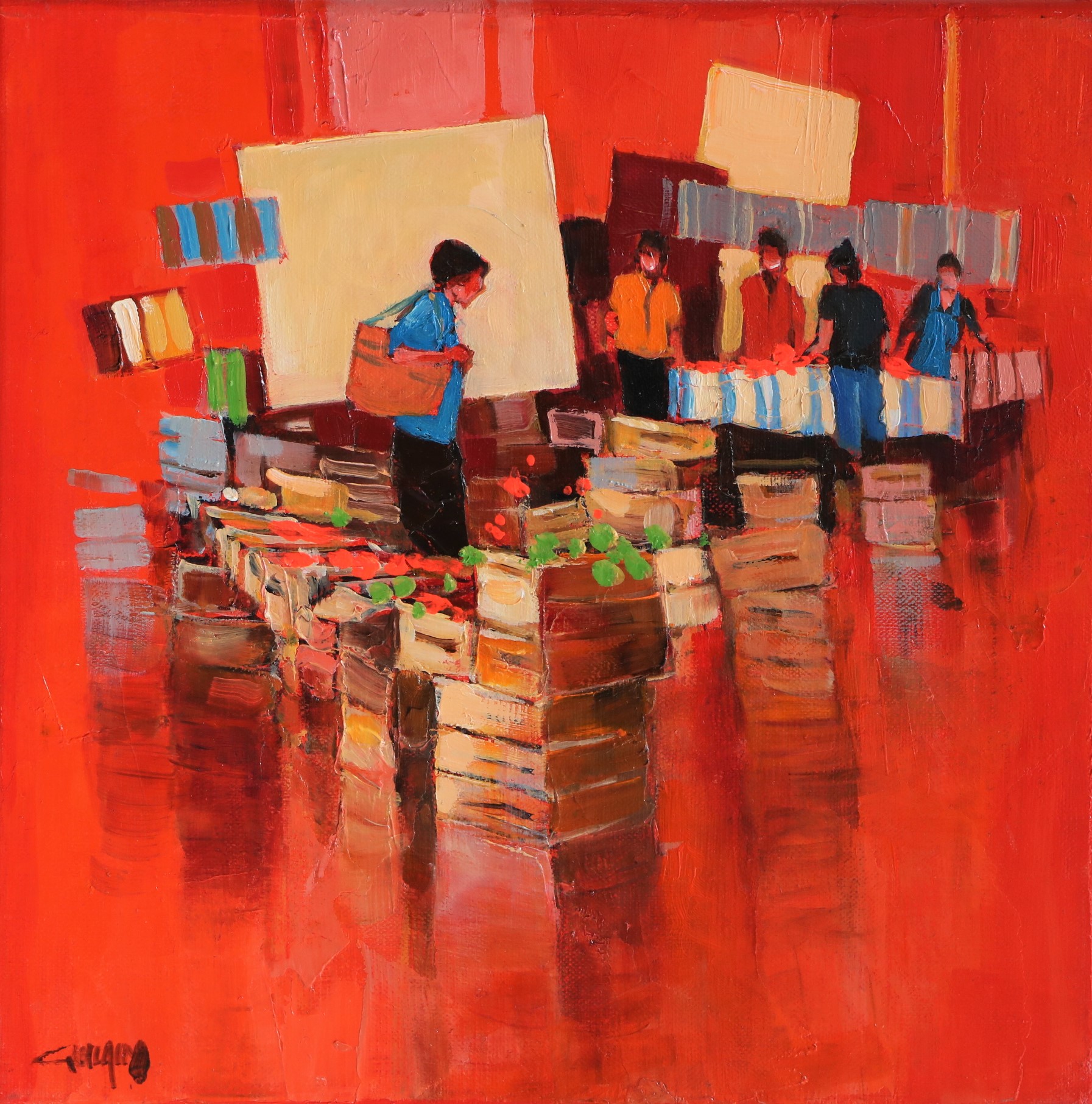 Ambiance rouge -Les deux étals. 30X30. Bernard GUILAIN.