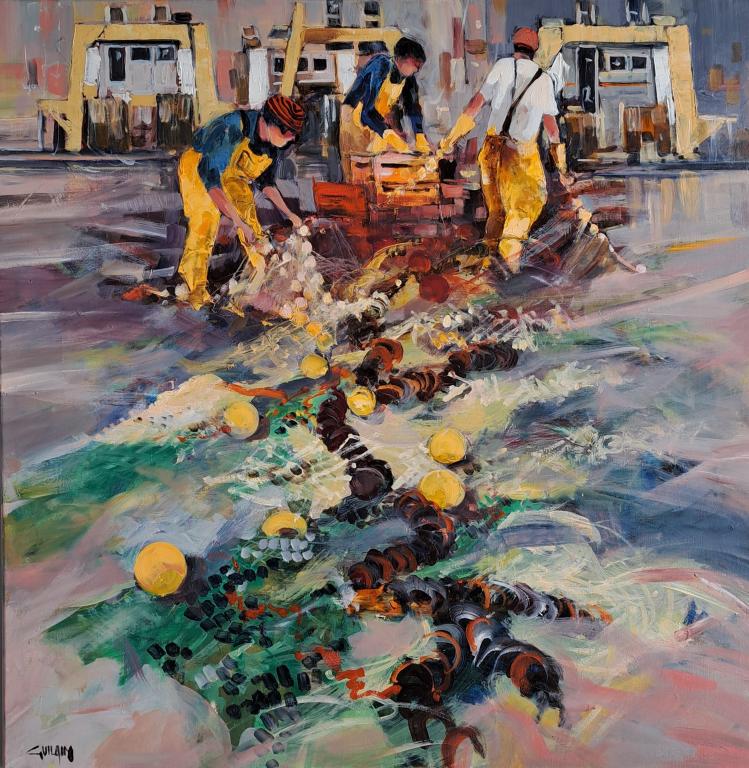 Au travail sur le port. 80x80. Bernard GUILAIN.