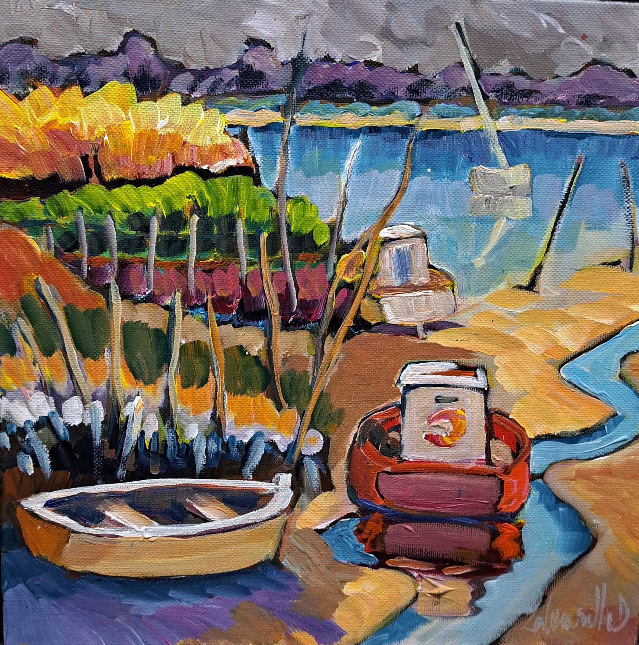 Bateau rouge à La Couarde. 30x30. Dominique LABESSOULHE.