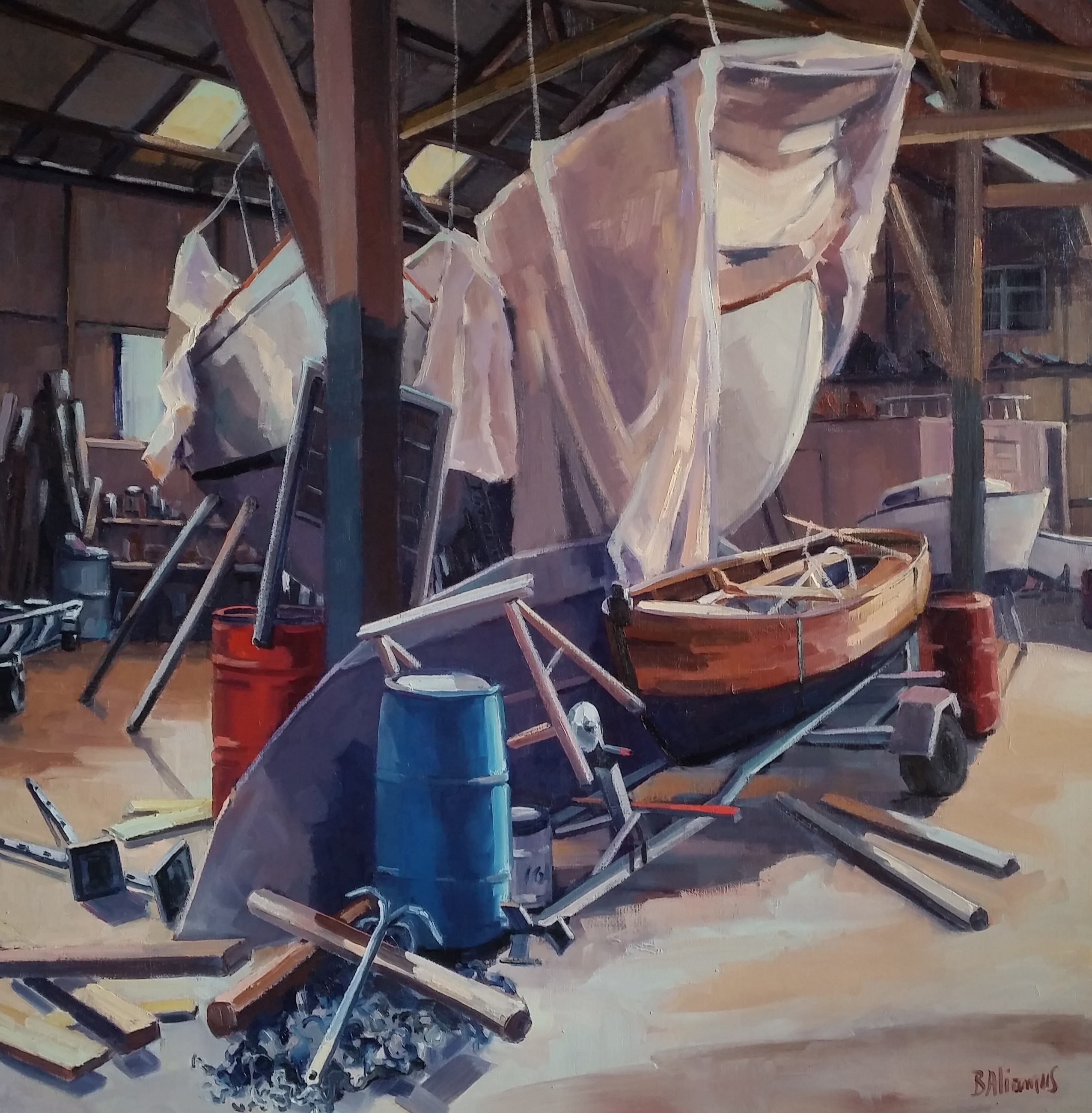 Bateaux sous hangar. 80x80. Béatrice ALIAMUS.