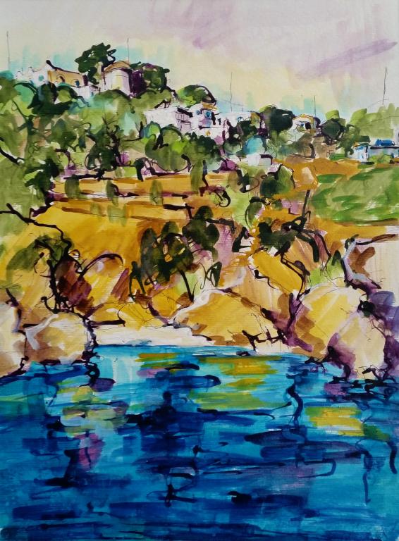 Les Fournois, près de Chios. Gouache 40,5 x 29,5. Béatrice ALIAMUS.