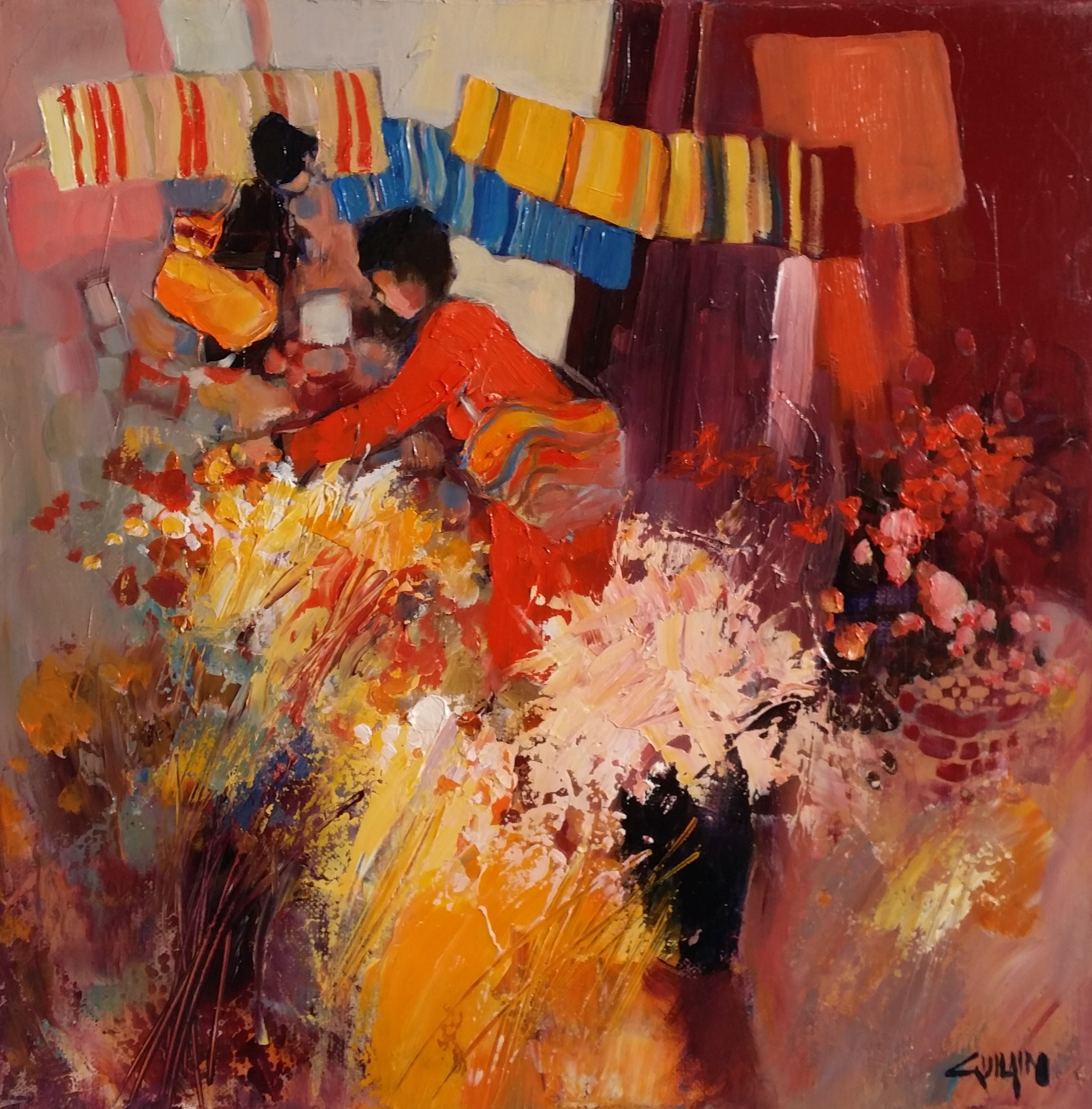 Les marchés, le manteau rouge. 30x30. Bernard GUILAIN.