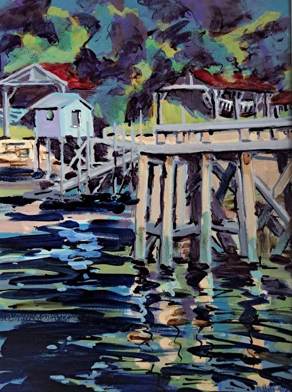 Port-Rhu - la passerelle. Gouache 30 x40. Béatrice ALIAMUS.