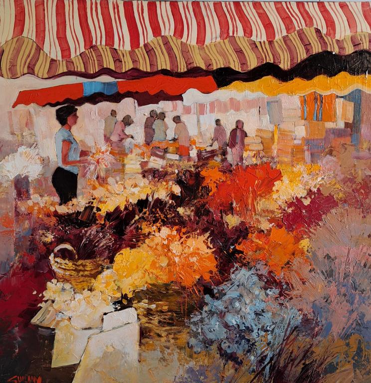 Sous le parasol. 60x60. Bernard GUILAIN.