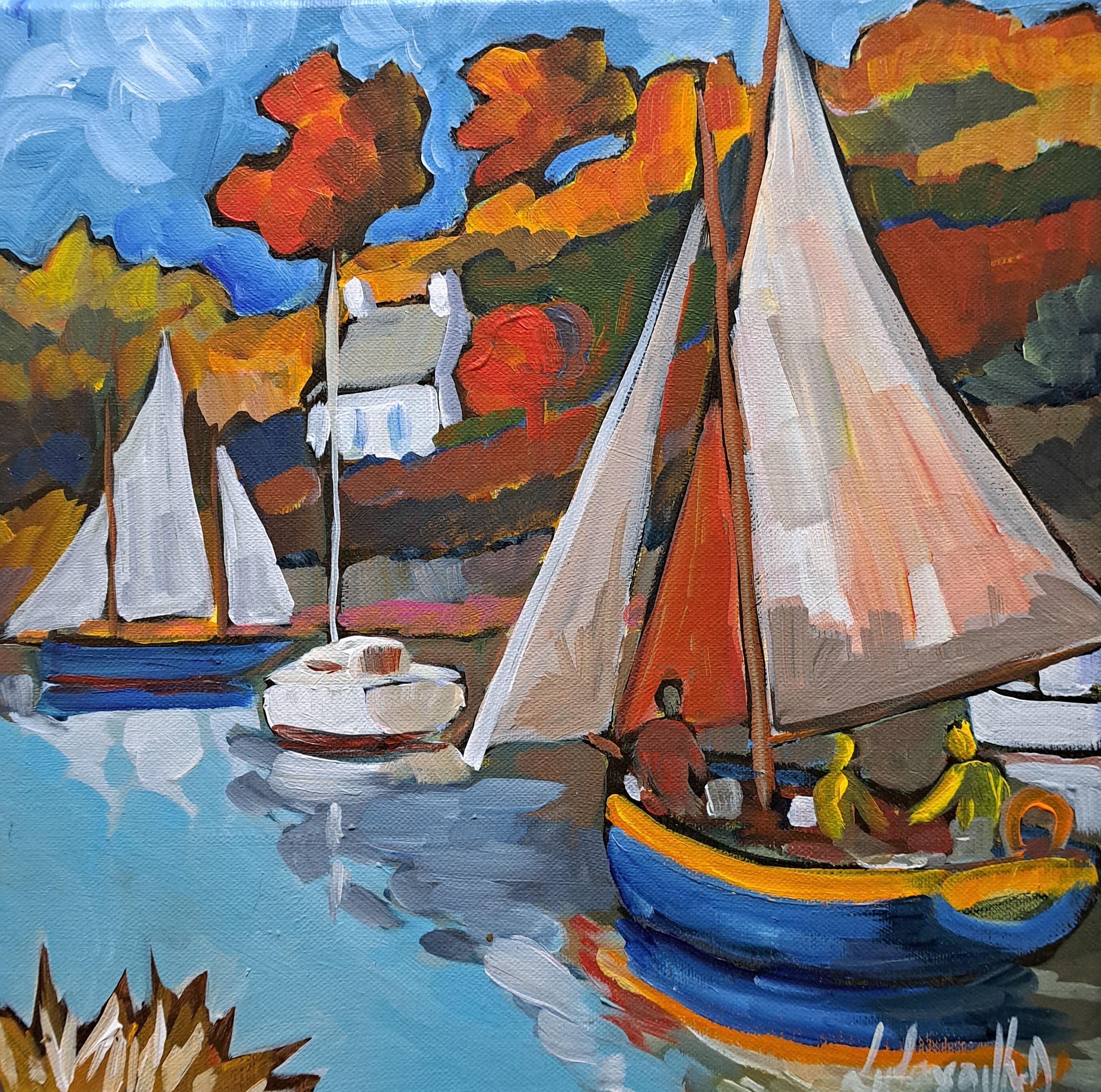 Voiles sur l'Aven 30x30. Dominique LABESSOULHE.